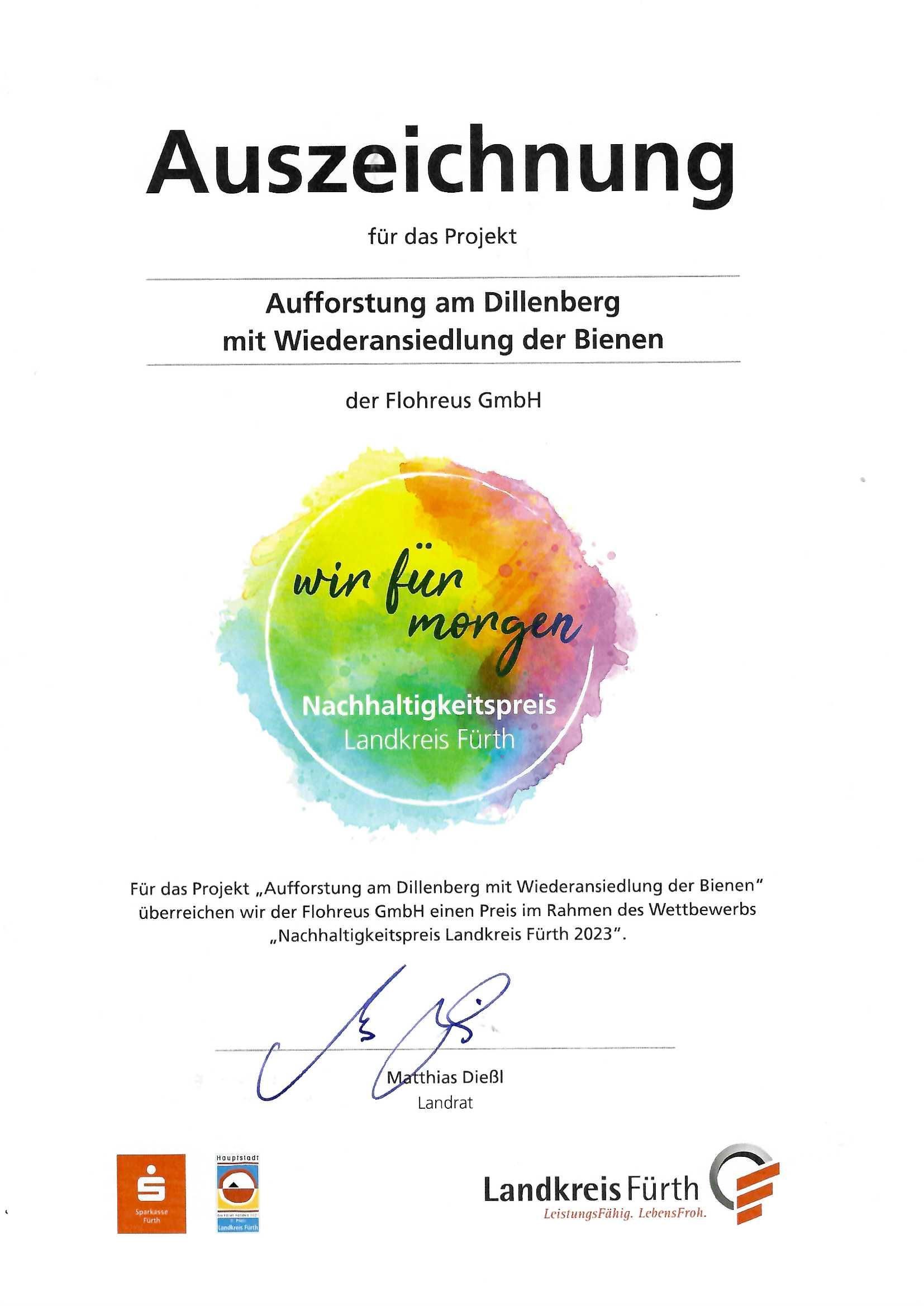 Auszeichnung Urkunde Nachhaltigkeitspreis Landkreis Fürth